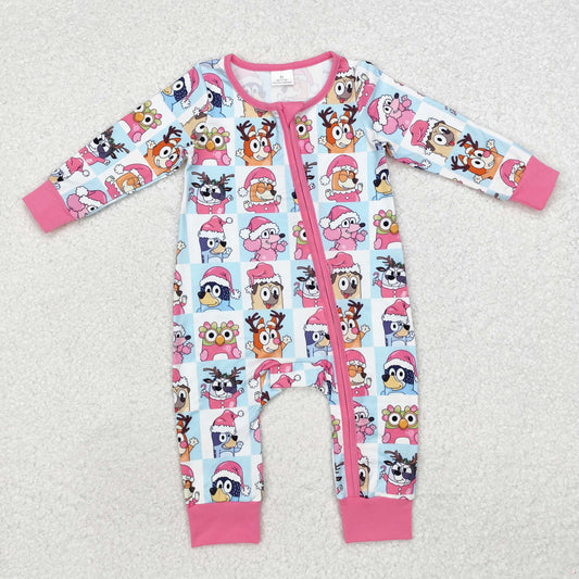 LR1783 Cartoon Dog Pink Print Baby Girls Christmas Sleeper Zipper Romper