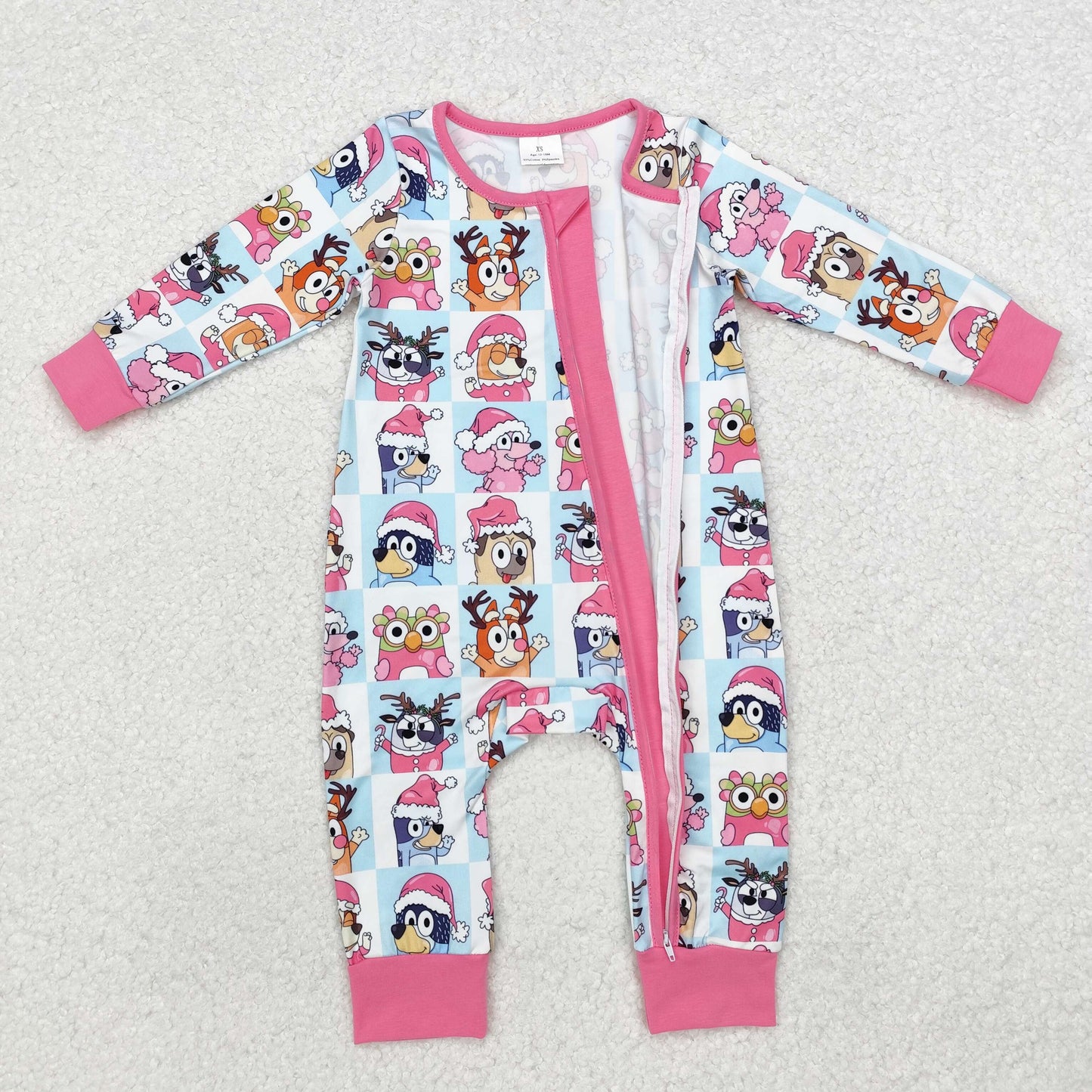 LR1783 Cartoon Dog Pink Print Baby Girls Christmas Sleeper Zipper Romper