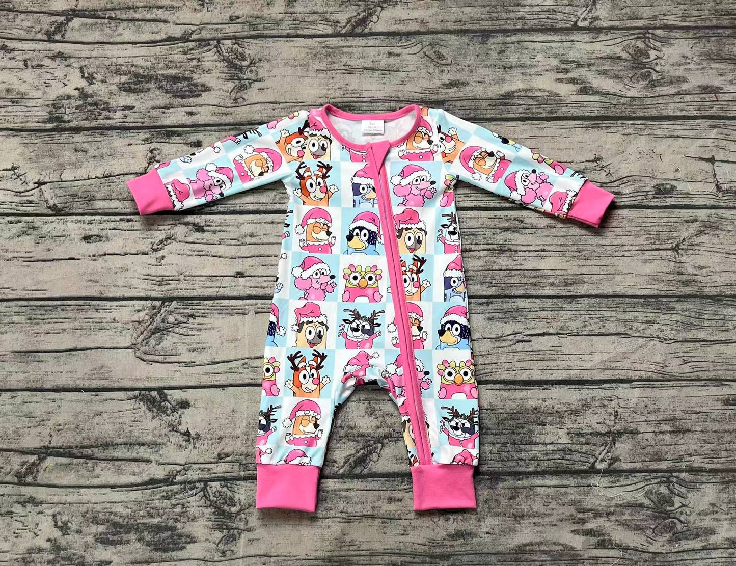 (Pre-order)LR1783 Cartoon Dog Pink Print Baby Girls Christmas Sleeper Zipper Romper