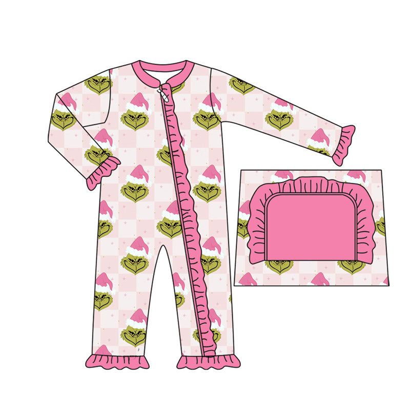 (Pre-order)LR1784 Green Frog Pink Plaid Print Baby Girls Christmas Sleeper Zipper Romper