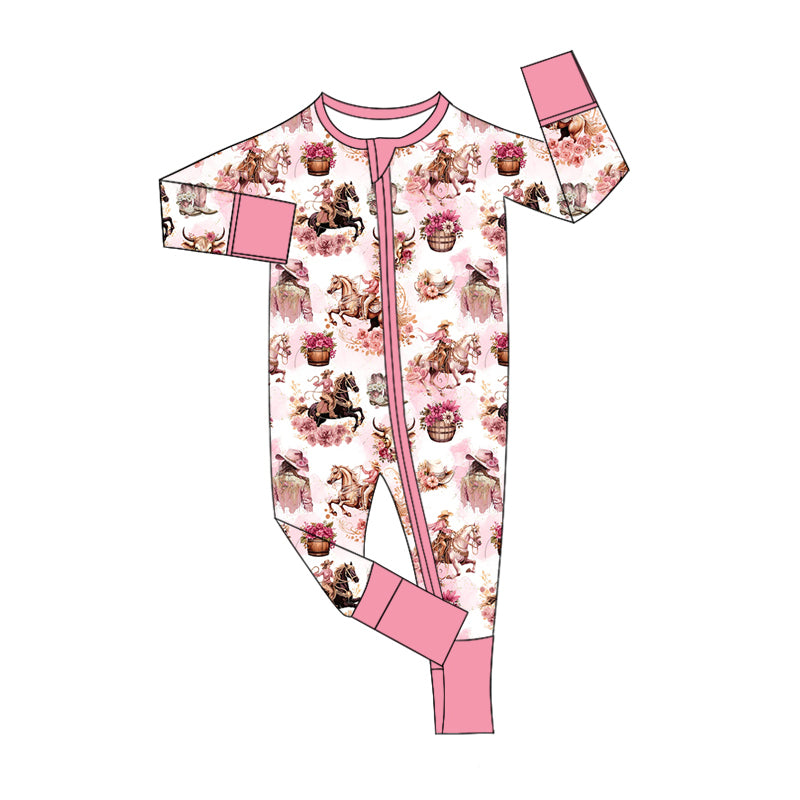 (Pre-order)LR1786 Cowgirl Flowers Print Baby Girls Fall Sleeper Zipper Romper