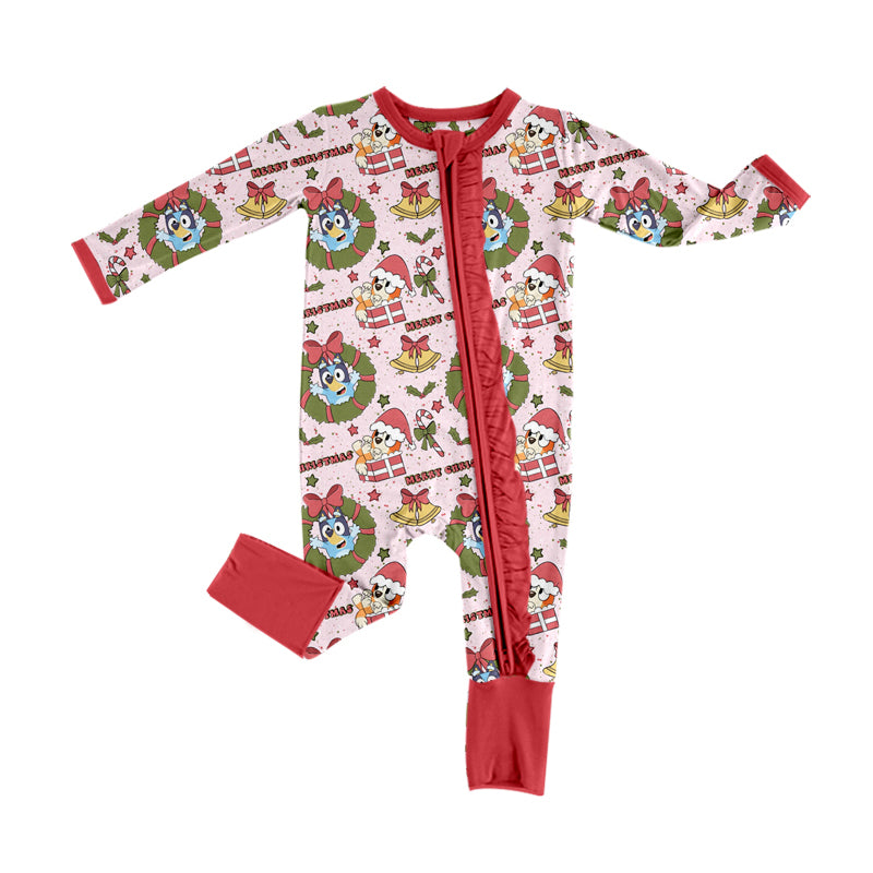 (Pre-order)LR1793 Cartoon Dog Flowers Print Baby Girls Christmas Sleeper Zipper Romper