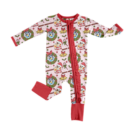 (Pre-order)LR1793 Cartoon Dog Flowers Print Baby Girls Christmas Sleeper Zipper Romper