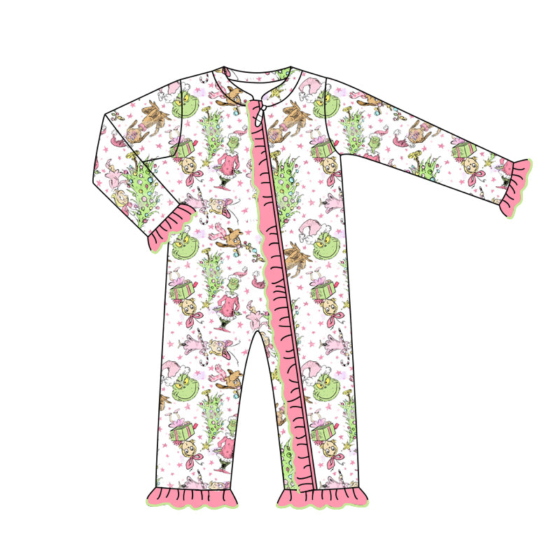 (Pre-order)LR1796 Green Frog Tree Pink Print Baby Girls Christmas Sleeper Zipper Romper