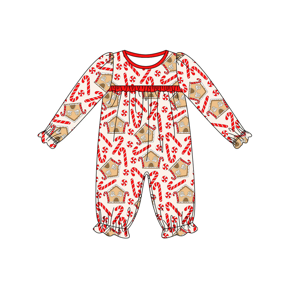 (Pre-order)LR1797 Candy House Cane Print Baby Girls Christmas Romper