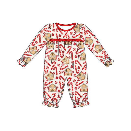 (Pre-order)LR1797 Candy House Cane Print Baby Girls Christmas Romper