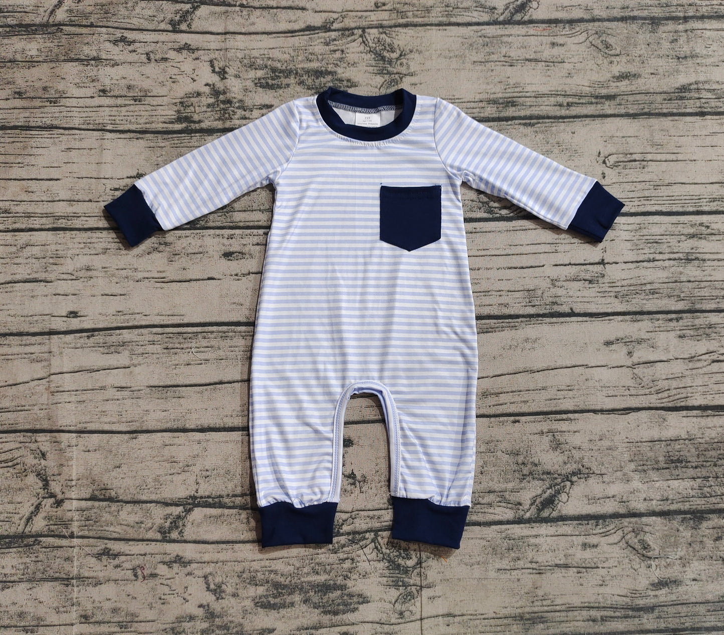 (Pre-order)LR1805 Blue Stripes Print Pocket Baby Boys Fall Romper