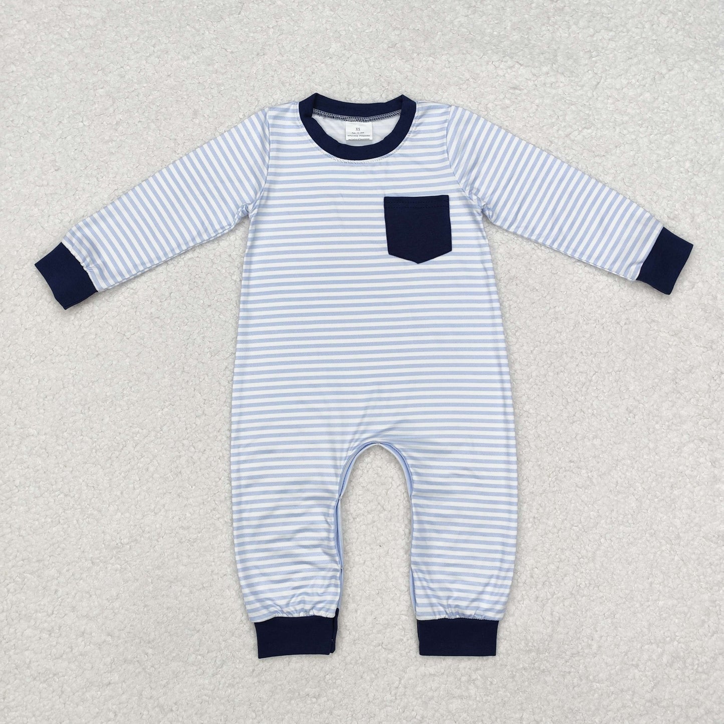 LR1805 Blue Stripes Print Pocket Baby Boys Fall Romper