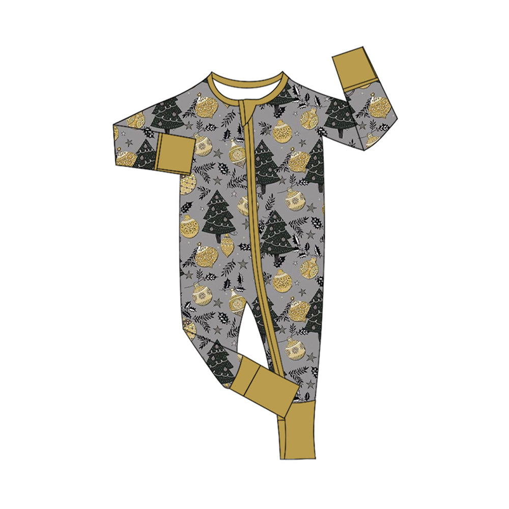 (Pre-order)LR1806 Tree Lights Gold Print Baby Happy New Year Sleeper Zipper Romper