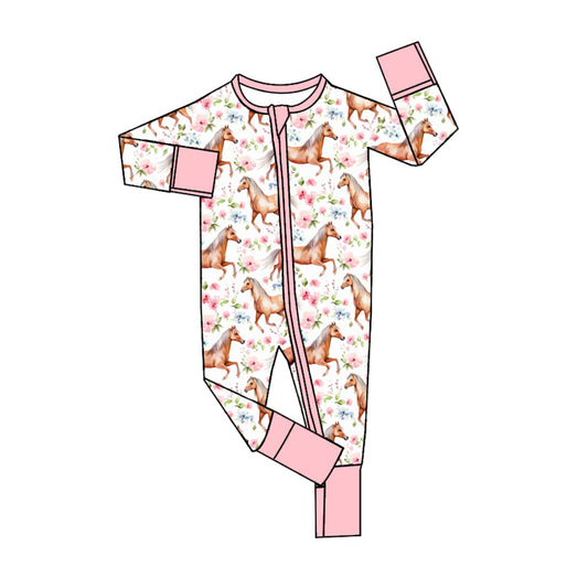 (Pre-order)LR1808 Horse Flowers Print Baby Girls Fall Sleeper Zipper Romper