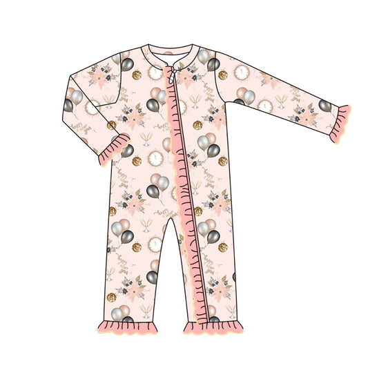 (Pre-order)LR1810 Champagne Balloon Flowers Print Baby Girls Happy New Year Sleeper Zipper Romper