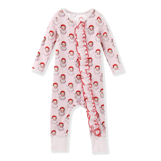 (Pre-order)LR1811 Santa Pink Print Baby Girls Christmas Sleeper Zipper Romper