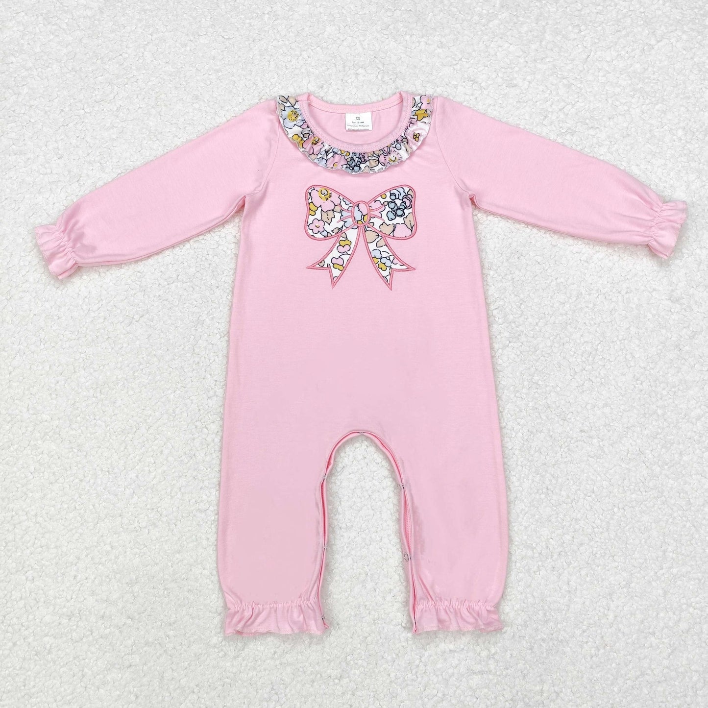 LR1812 Bows Embroidery Flowers Pink Color Baby Girls Spring Romper