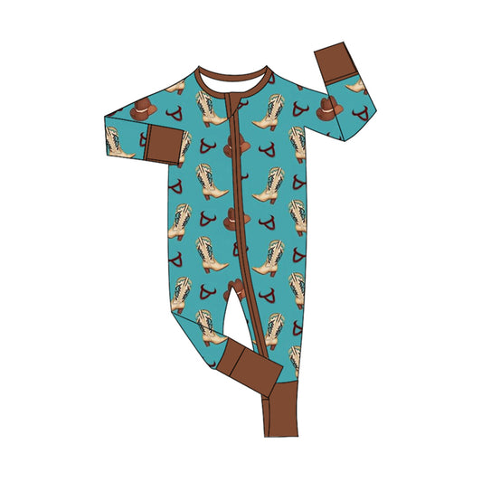 (Pre-order)LR1815 Boots Hat Print Baby Boys Fall Western Sleeper Zipper Romper