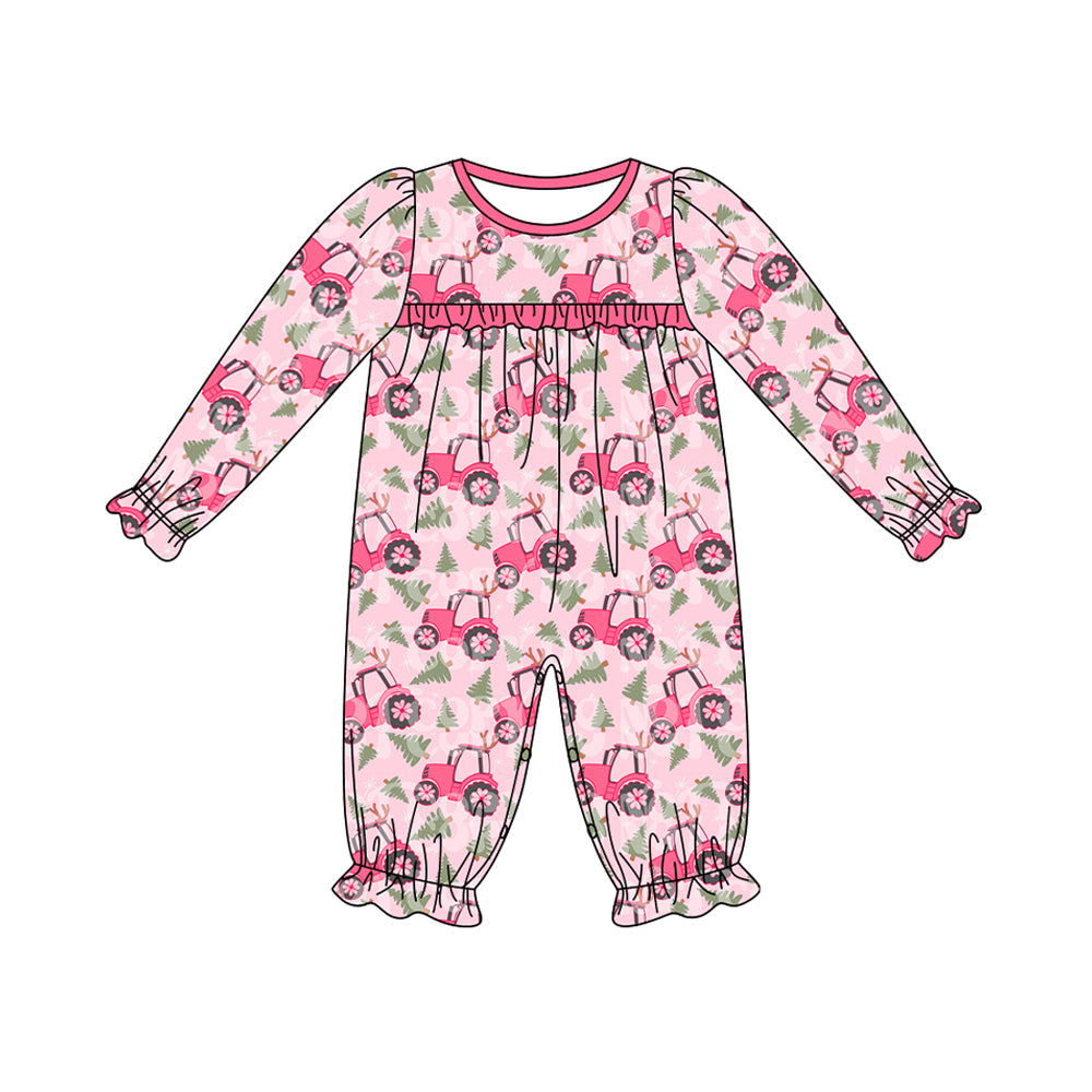 (Pre-order)LR1816 Tractors Tree Pink Print Baby Girls Christmas Romper