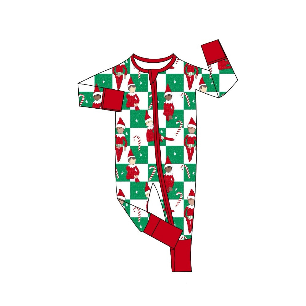 (Pre-order)LR1817 Shelf Candy Cane Plaid Print Baby Boys Christmas Sleeper Zipper Romper