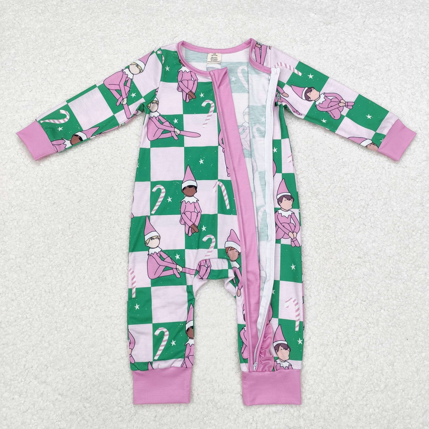 LR1818 Shelf Candy Cane Plaid Print Baby Girls Christmas Bamboo Sleeper Zipper Romper