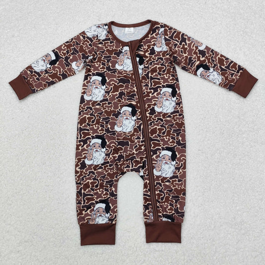 LR1820 Santa Camo Print Baby Christmas Bamboo Sleeper Zipper Romper