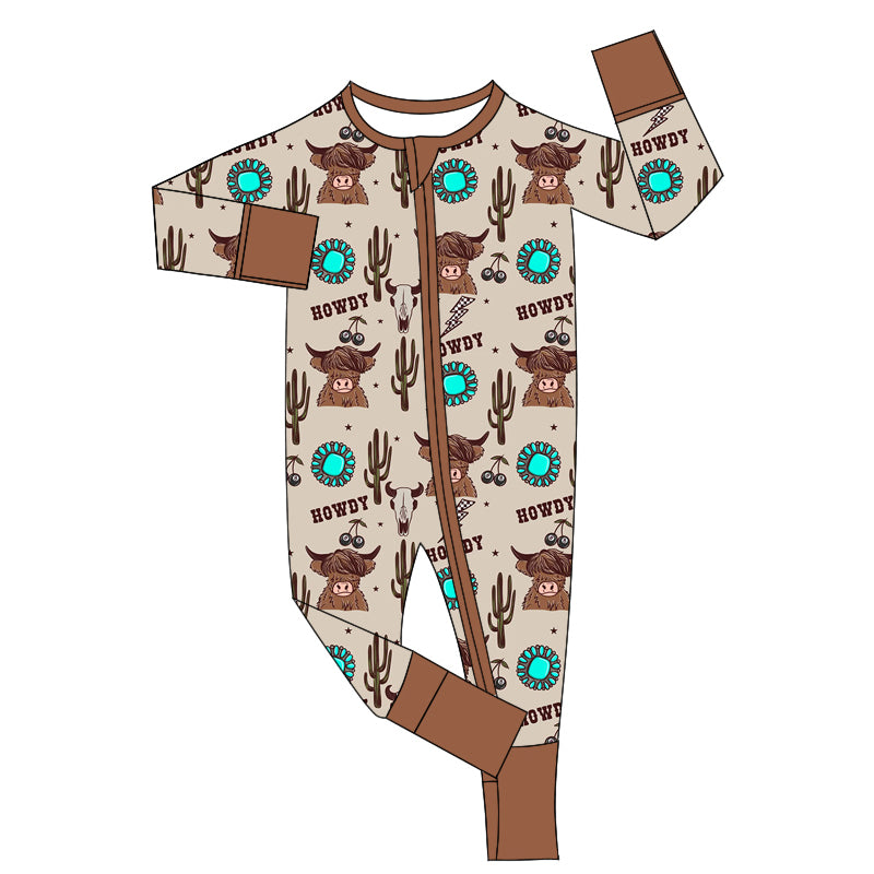 (Pre-order)LR1821 Highland Cow Cactus Howdy Print Baby Western Sleeper Zipper Romper