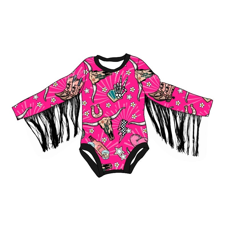 (Pre-order)LR1823 Boots Skull Hat Print Baby Girls Fall Western Romper