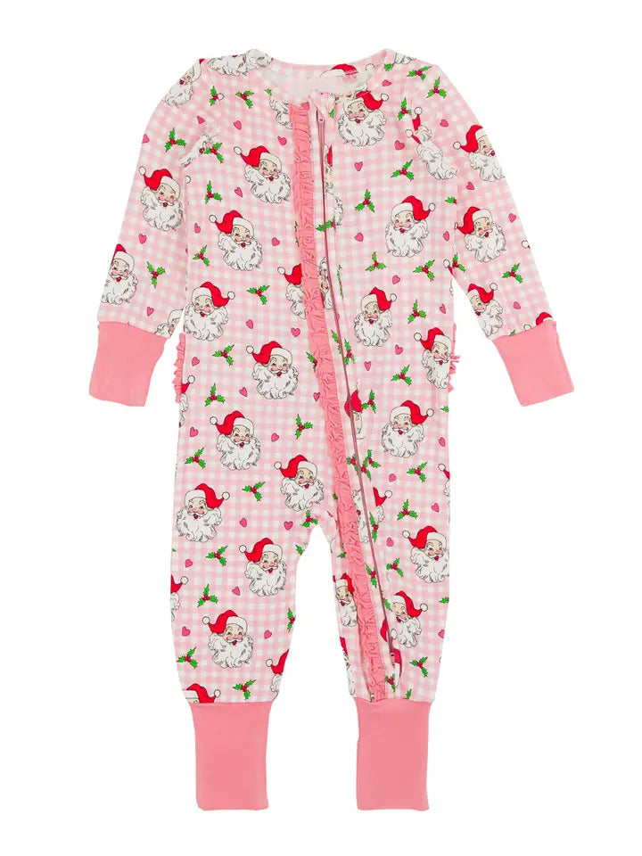 (Pre-order)LR1833 Santa Holly Print Baby Girls Christmas Sleeper Zipper Romper