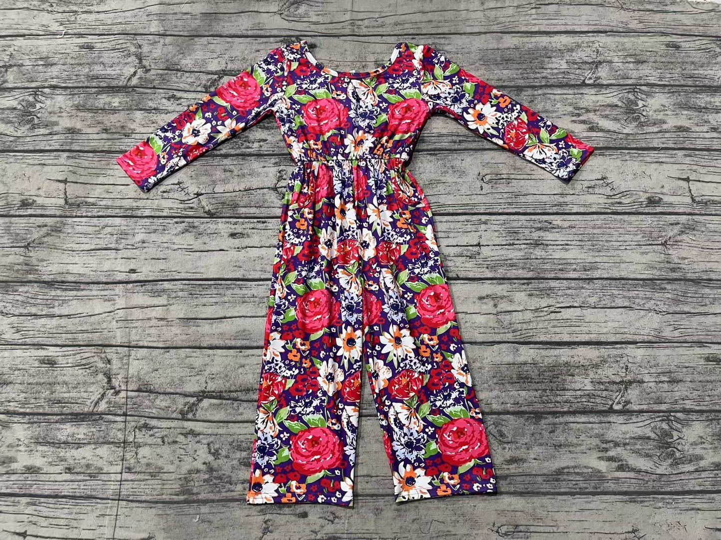 (Pre-order)LR1835 Red Flowers Print Girls Fall Jumpsuits