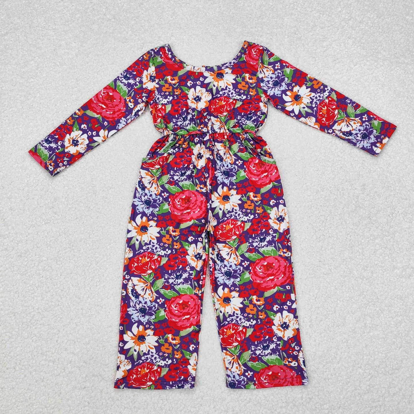 LR1835 Red Flowers Print Girls Fall Pockets Jumpsuits