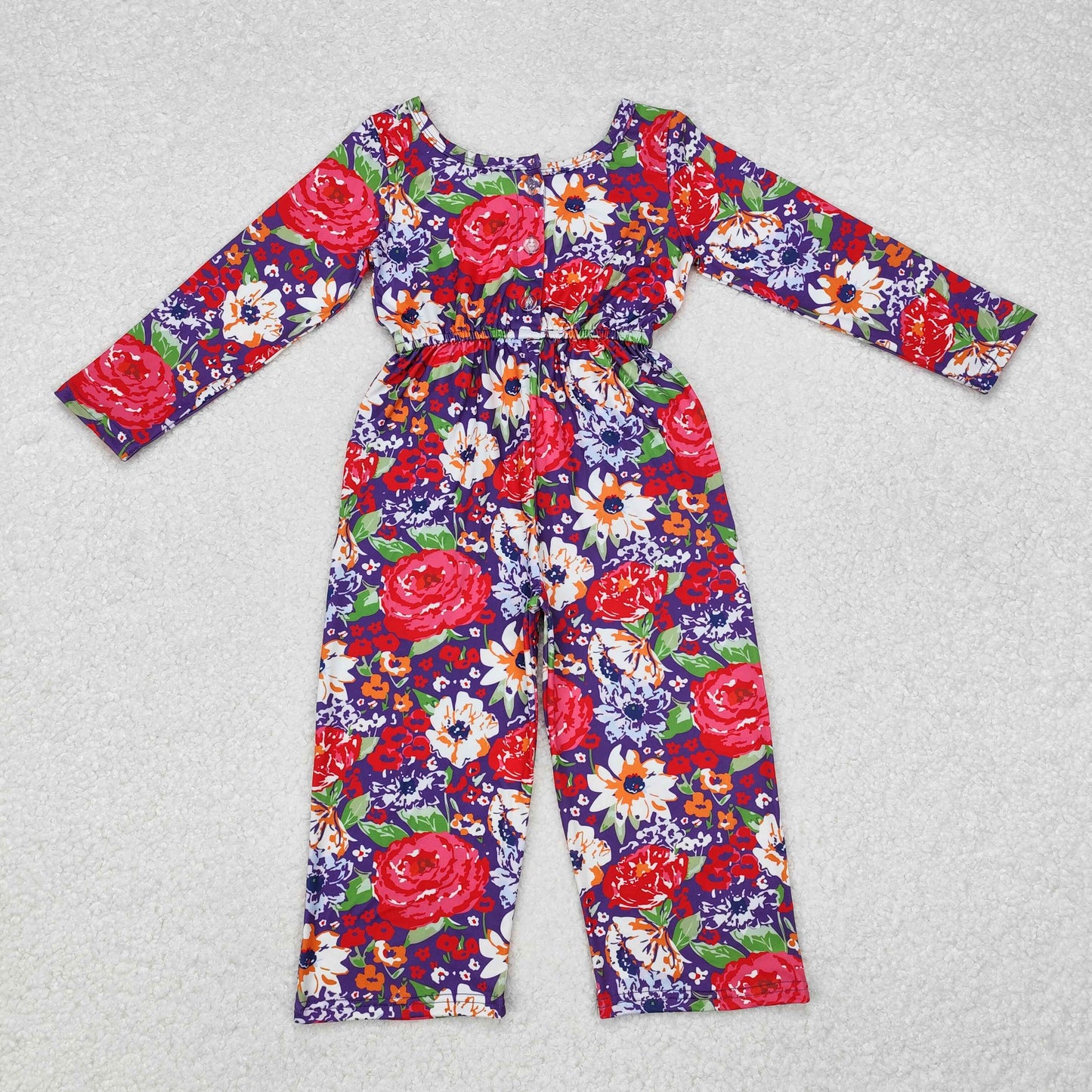 LR1835 Red Flowers Print Girls Fall Pockets Jumpsuits