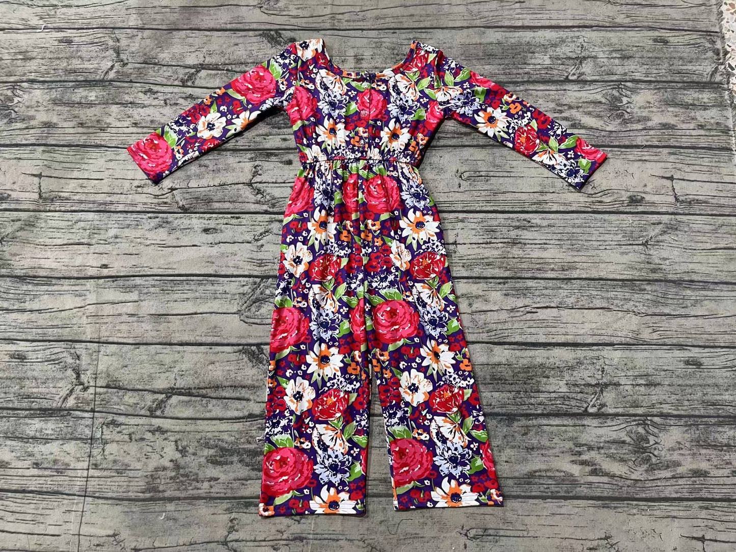 (Pre-order)LR1835 Red Flowers Print Girls Fall Jumpsuits