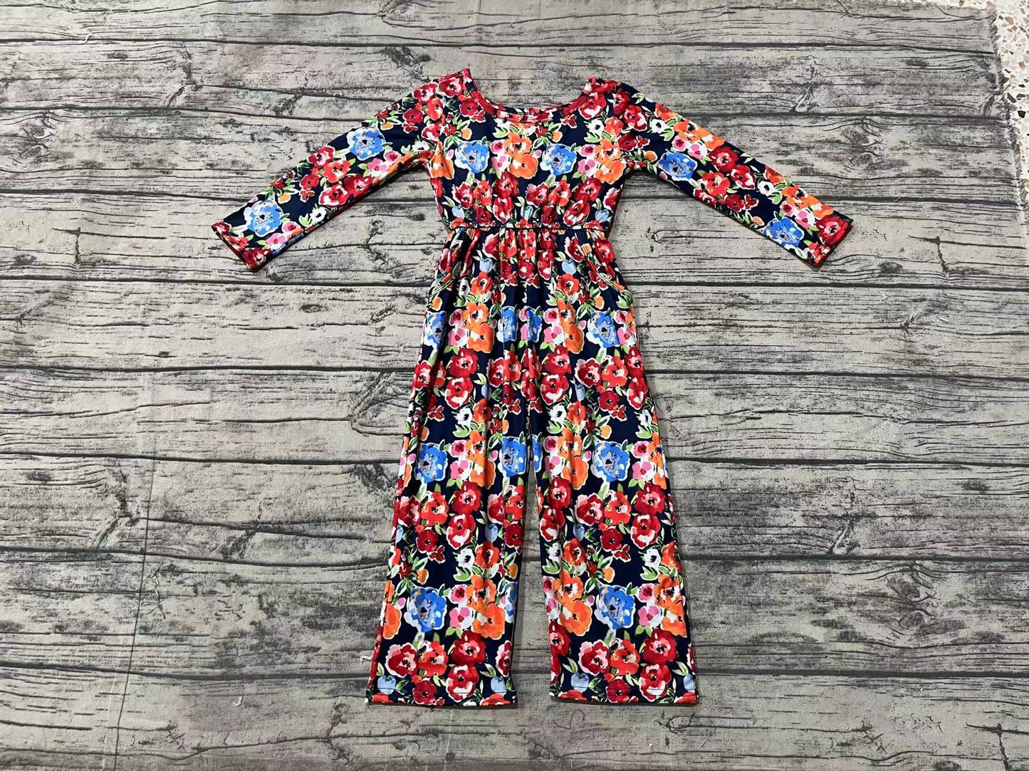 (Pre-order)LR1836 Orange Flowers Print Girls Fall Jumpsuits