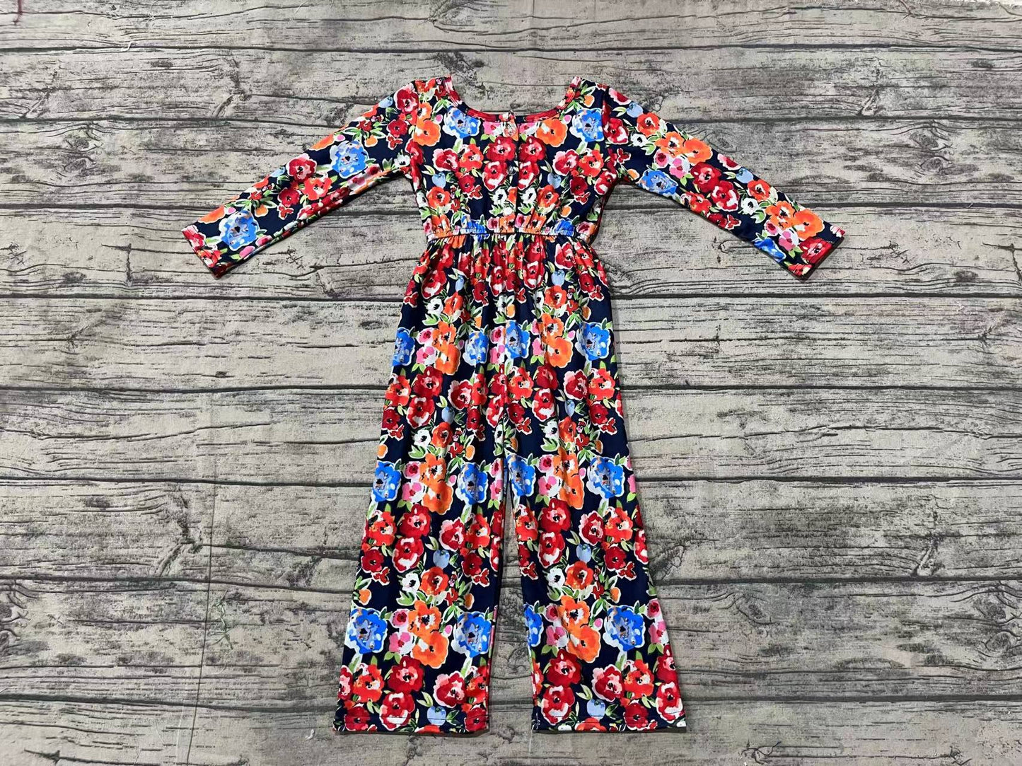 (Pre-order)LR1836 Orange Flowers Print Girls Fall Jumpsuits