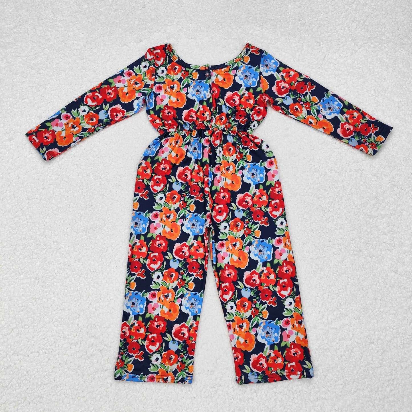 LR1836 Colorful Flowers Navy Print Girls Fall Pockets Jumpsuits