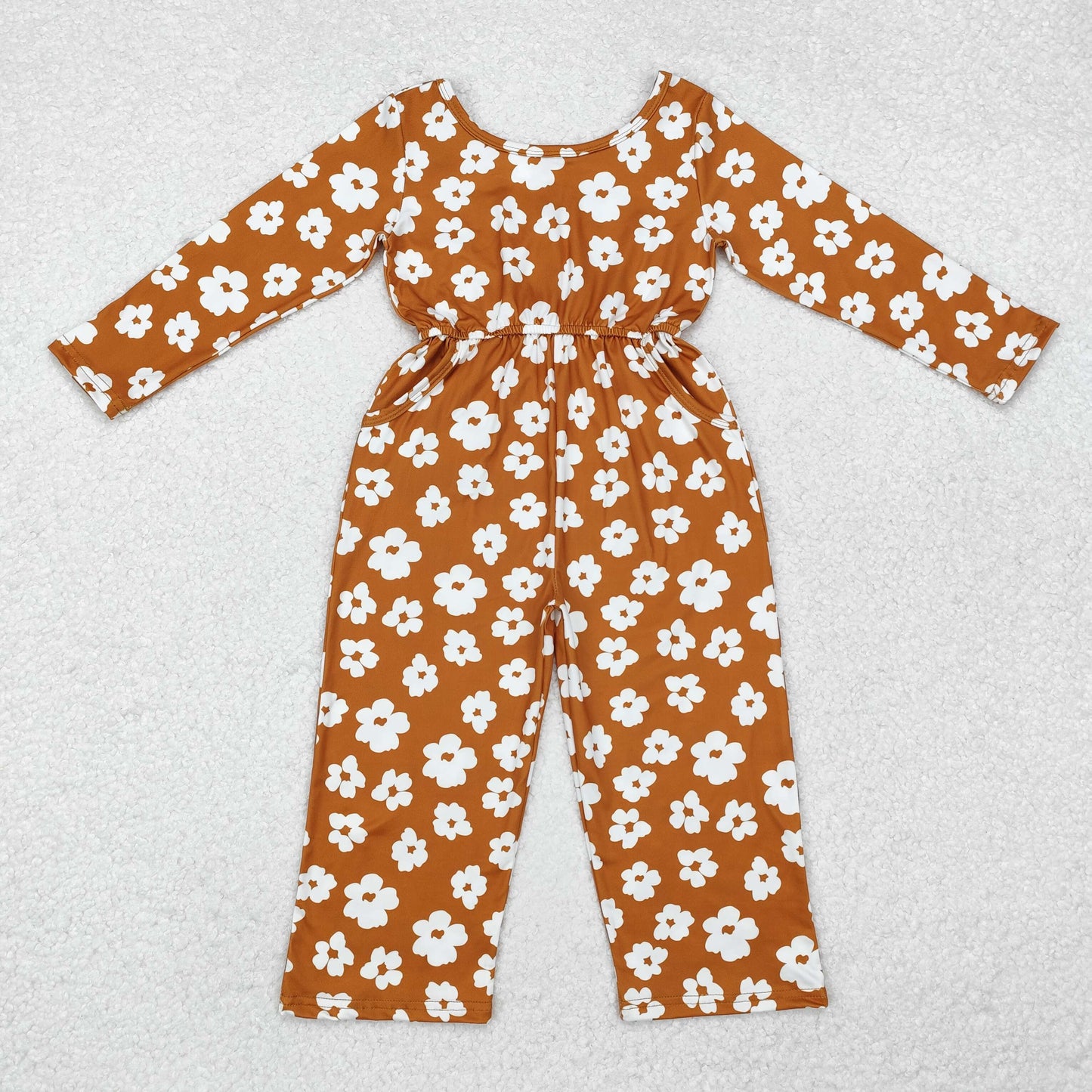 LR1838 Brown Flowers Print Girls Fall Pockets Jumpsuits