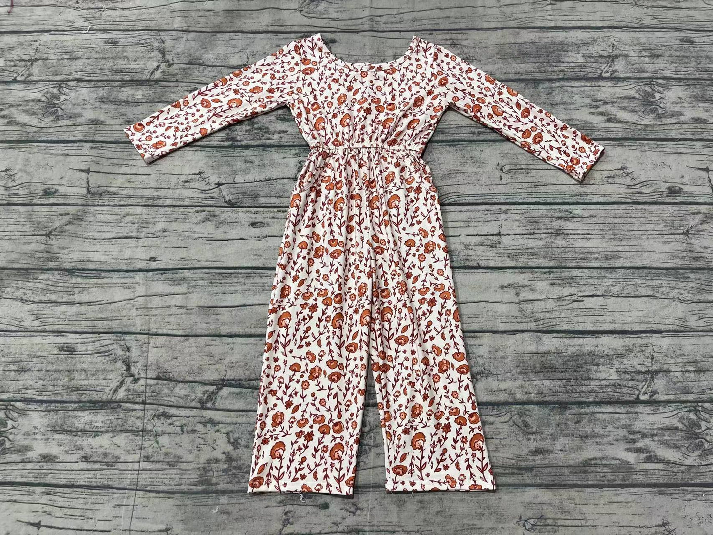 (Pre-order)LR1839 Brown Small Flowers Print Girls Fall Jumpsuits