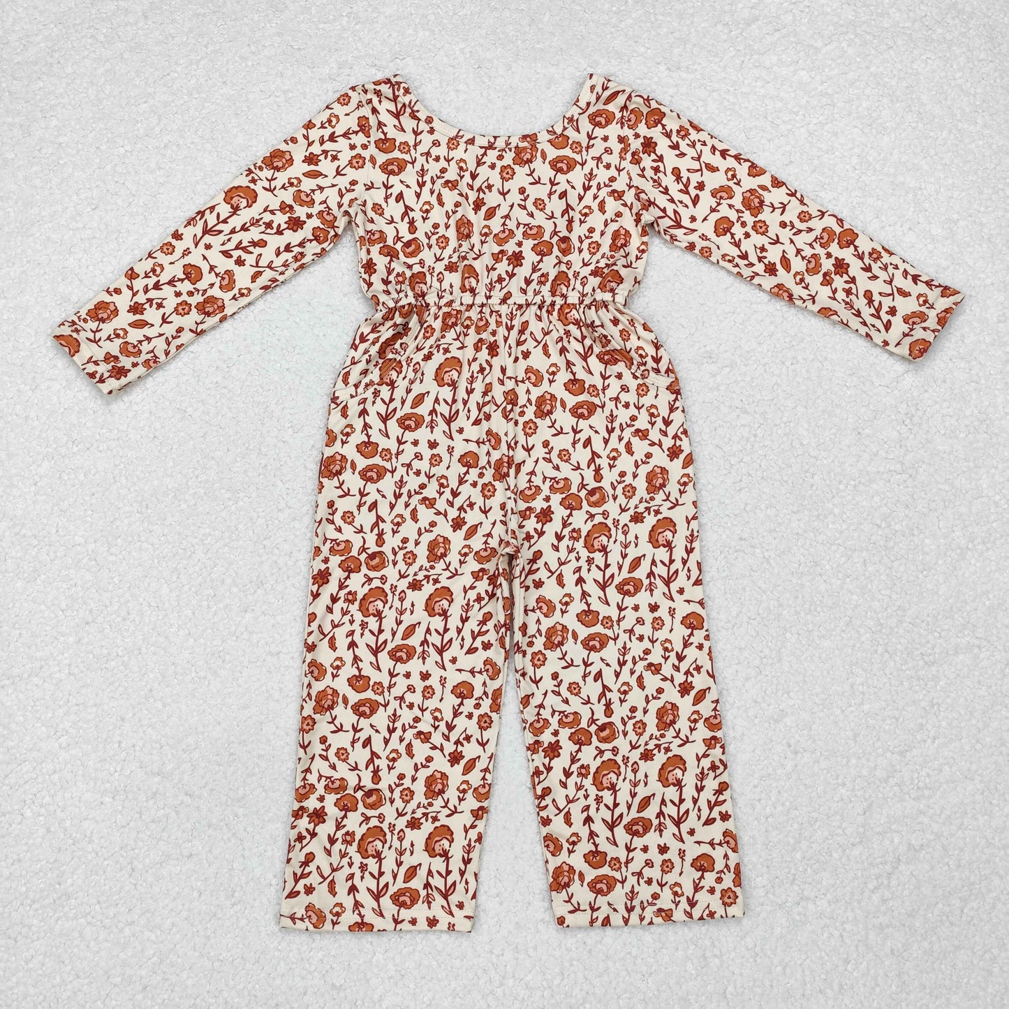 LR1839 Brown Small Flowers Print Girls Fall Pockets Jumpsuits