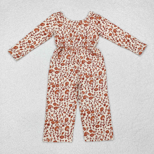 LR1839 Brown Small Flowers Print Girls Fall Pockets Jumpsuits