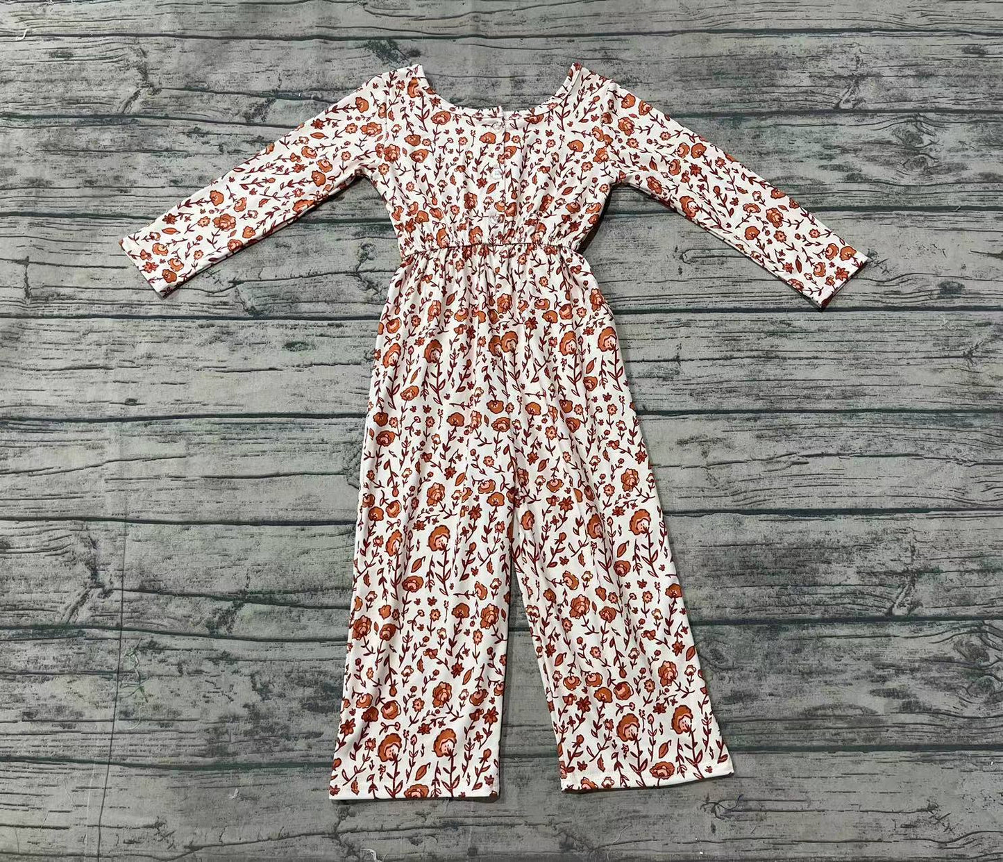 (Pre-order)LR1839 Brown Small Flowers Print Girls Fall Jumpsuits