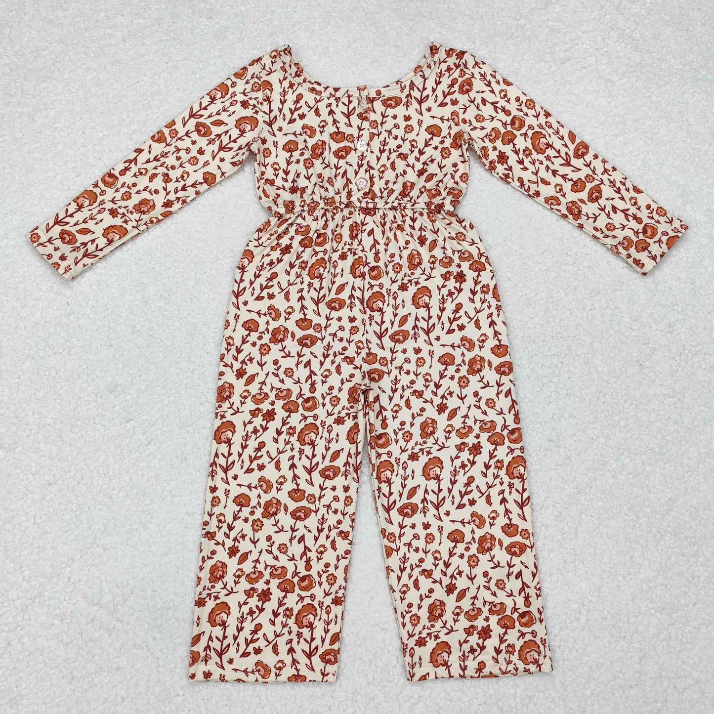 LR1839 Brown Small Flowers Print Girls Fall Pockets Jumpsuits