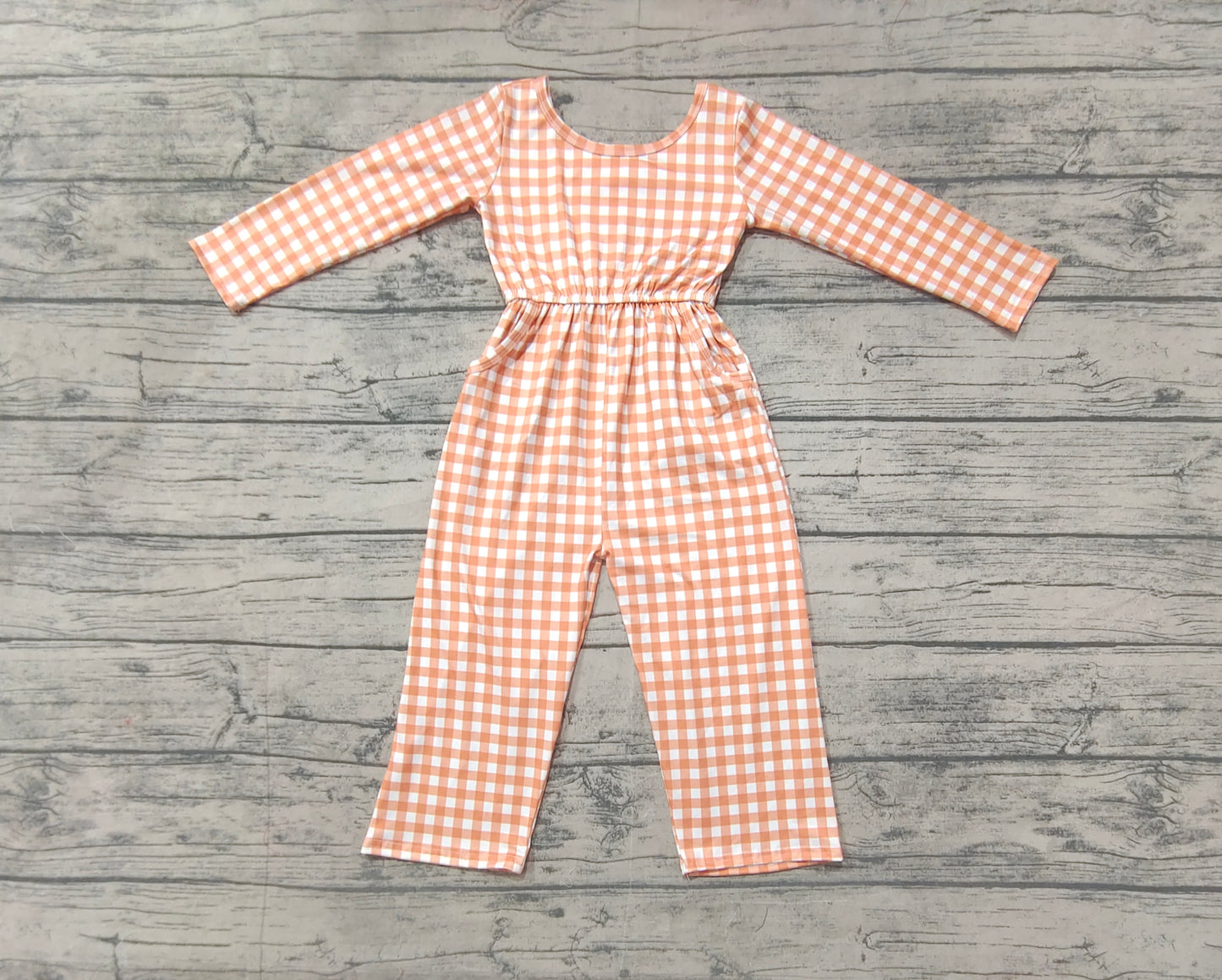 LR1840 Orange Plaid Print Girls Fall Jumpsuits