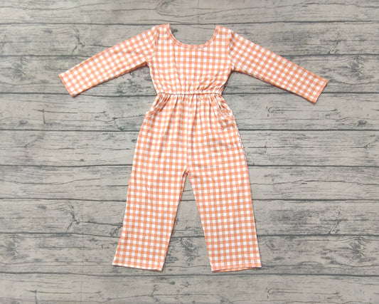 LR1840 Orange Plaid Print Girls Fall Jumpsuits