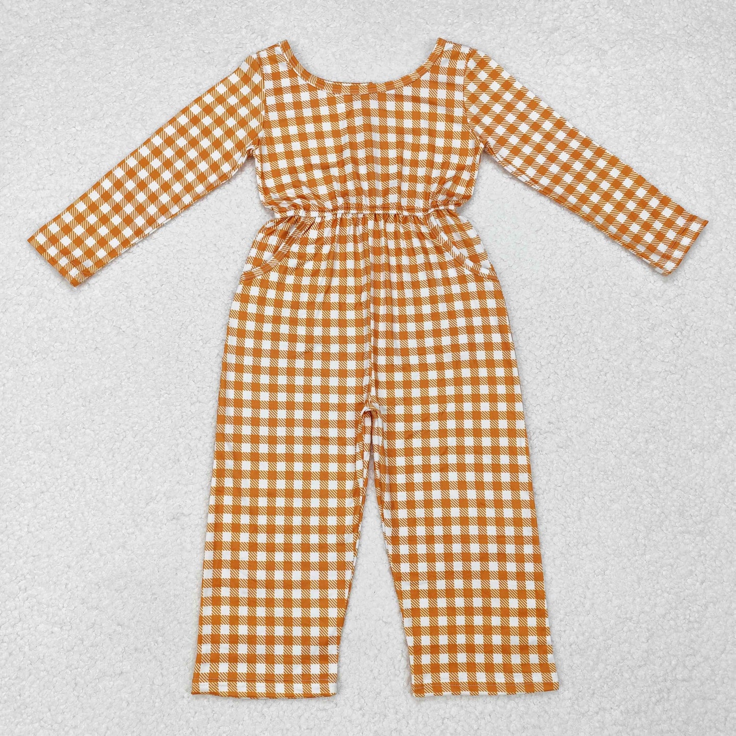 LR1840 Brown Plaid Print Girls Fall Pockets Jumpsuits