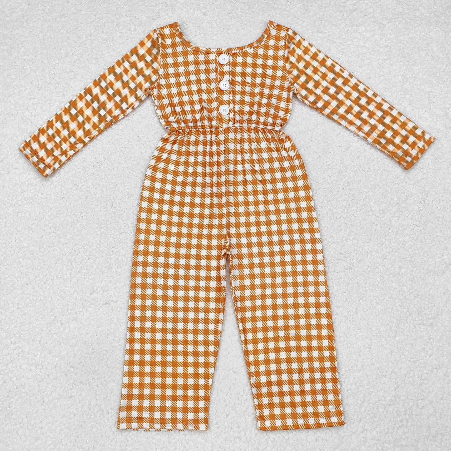 LR1840 Brown Plaid Print Girls Fall Pockets Jumpsuits