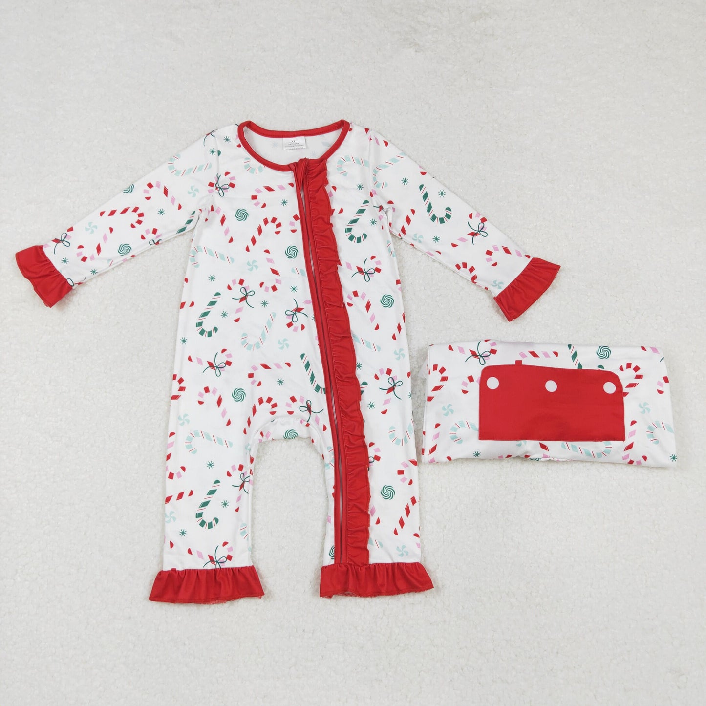 LR1842 Candy Cane Print Baby Girls Christmas Sleeper Zipper Romper