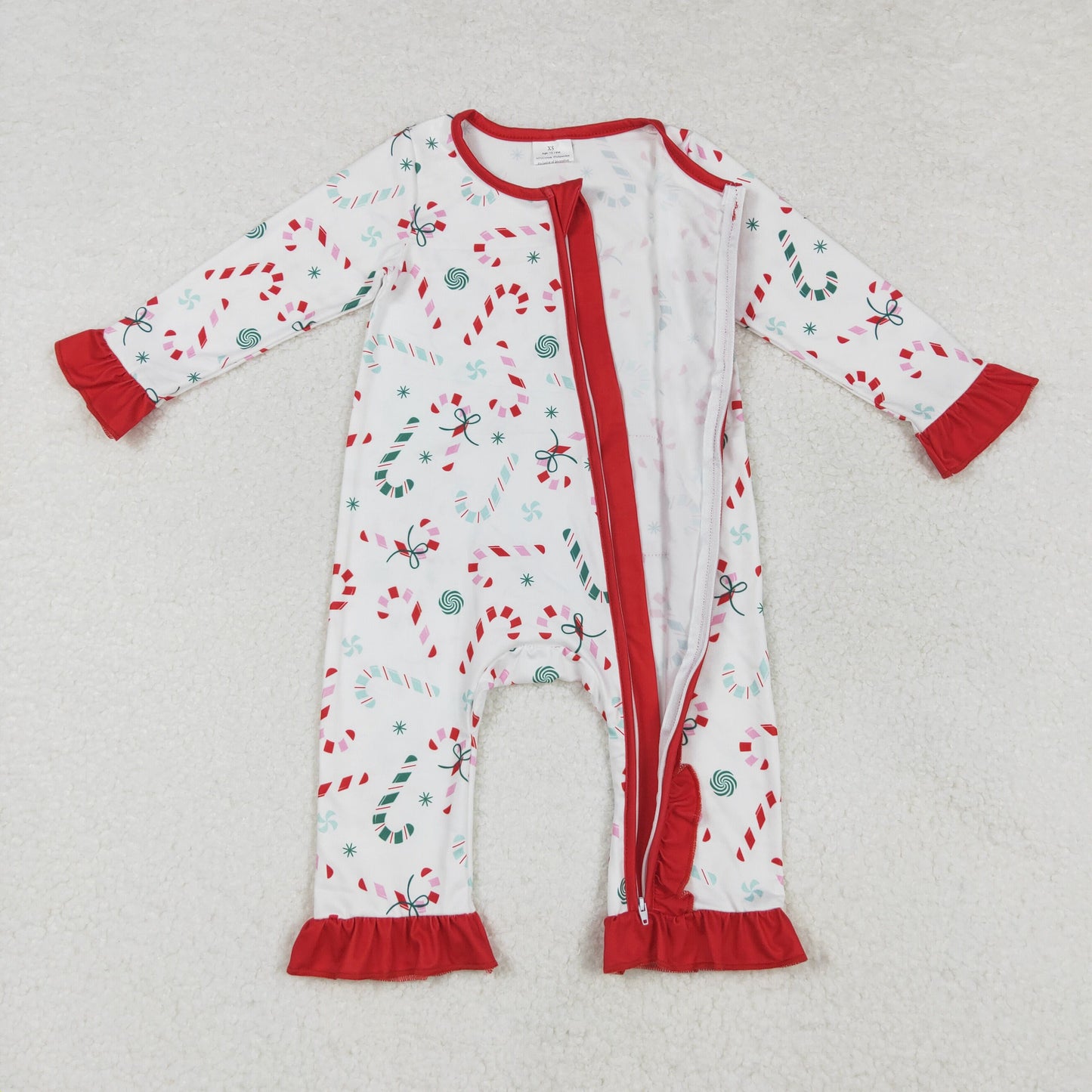 LR1842 Candy Cane Print Baby Girls Christmas Sleeper Zipper Romper