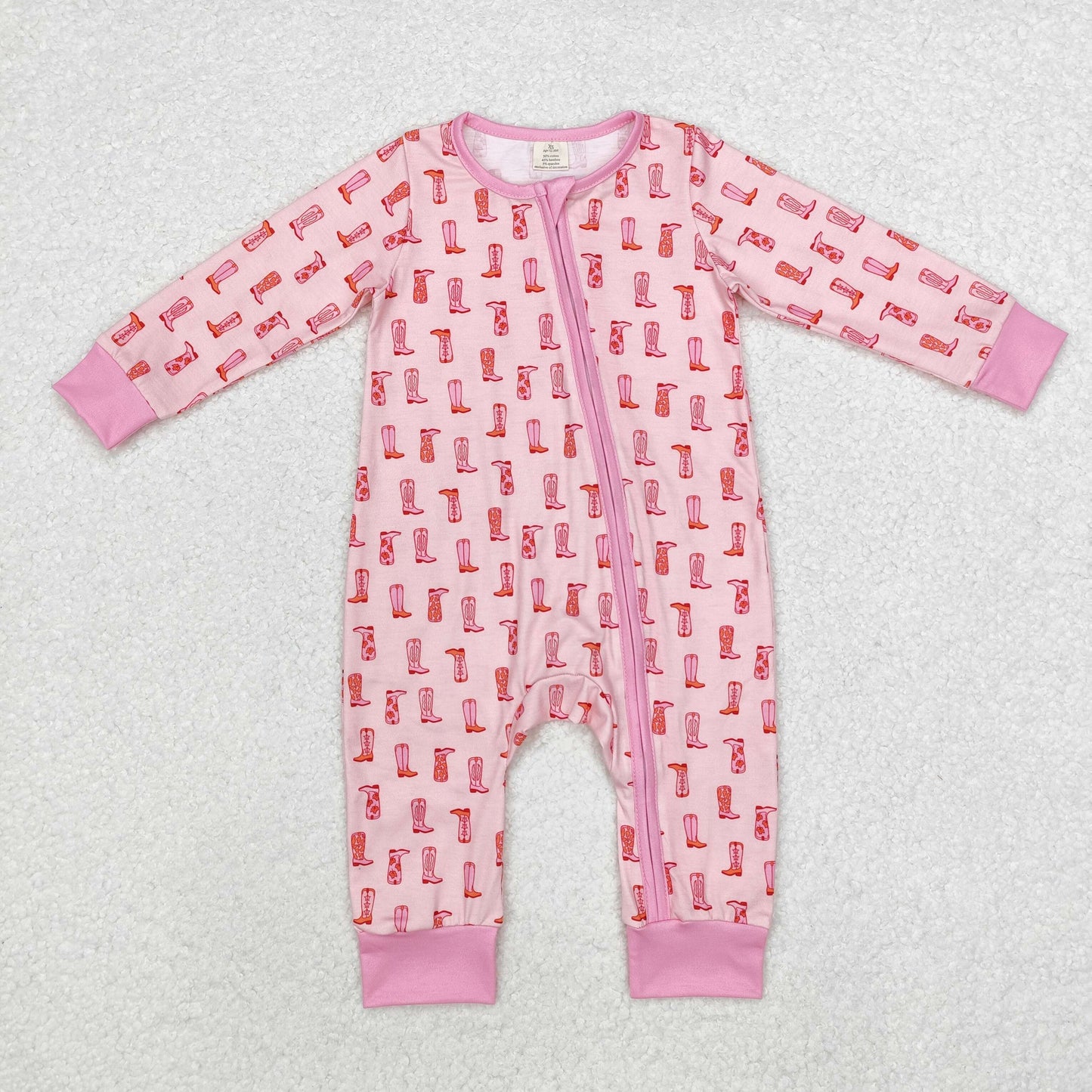 LR1843 Pink Boots Print Baby Girls Western Fall Bamboo Sleeper Zipper Romper