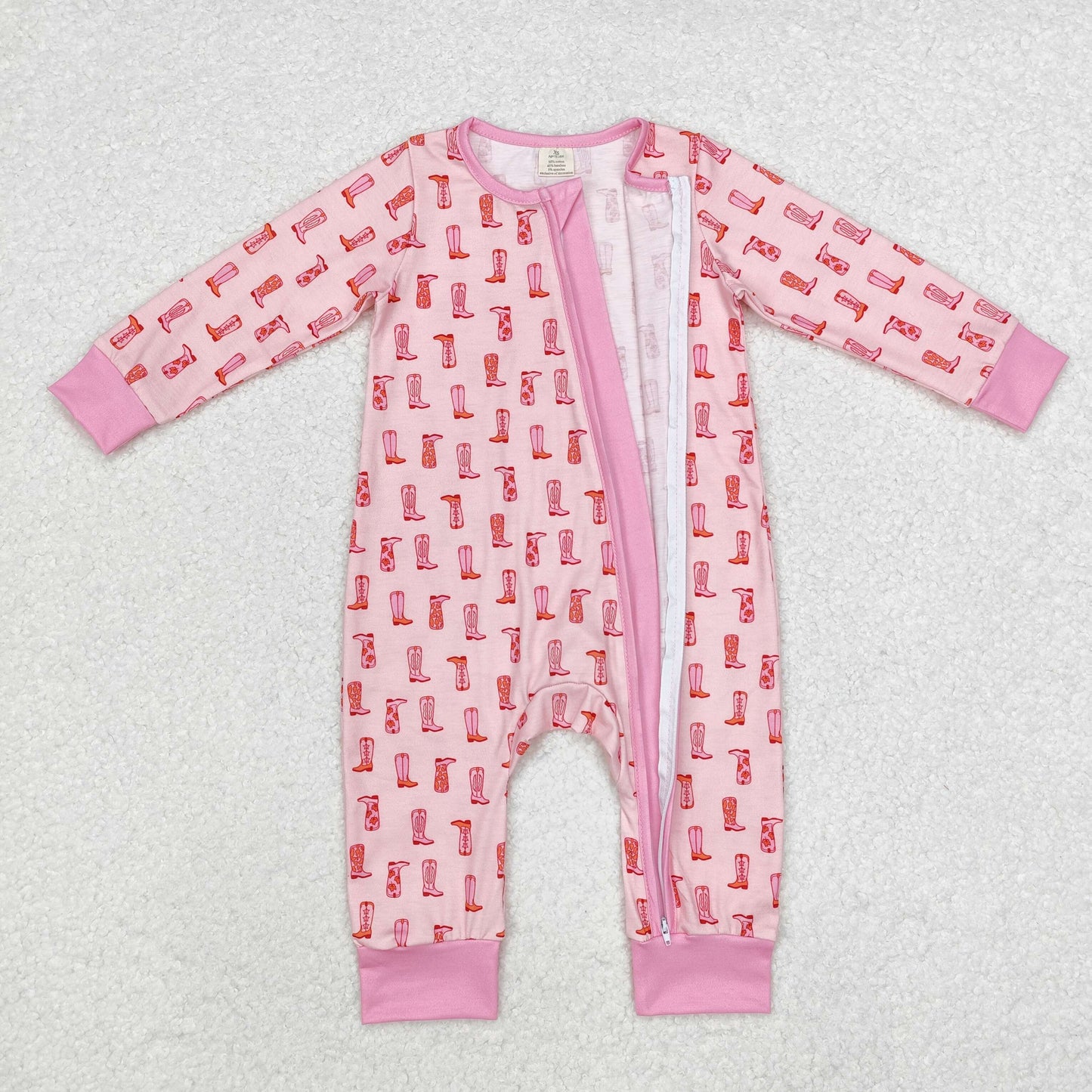 LR1843 Pink Boots Print Baby Girls Western Fall Bamboo Sleeper Zipper Romper