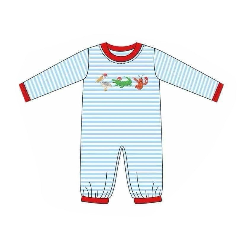 (Pre-order)LR1848 Crawfish Crocodile Stripes Print Baby Boys Christmas Romper