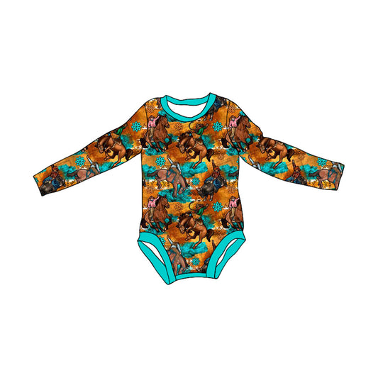 (Pre-order)LR1853 Rodeo Turquoise Print Baby Western Romper