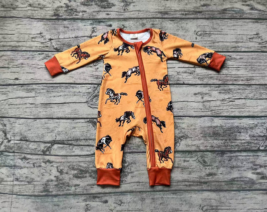 (Pre-order)LR1857 Horse Rodeo Print Baby Boys Fall Sleeper Zipper Romper