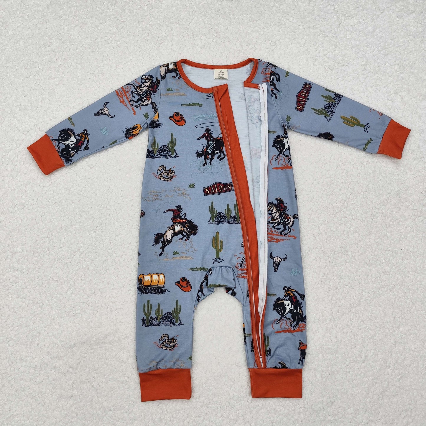 LR1858 Cowboy Print Baby Boys Western Bamboo Sleeper Zipper Romper